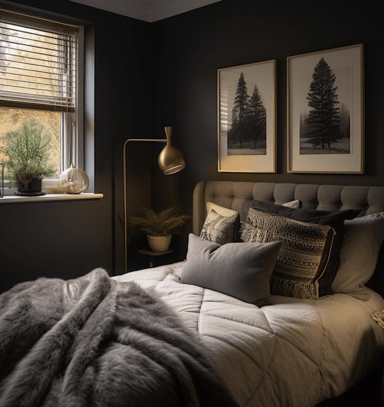 Kleines Schlafzimmer mit dunkler Wand