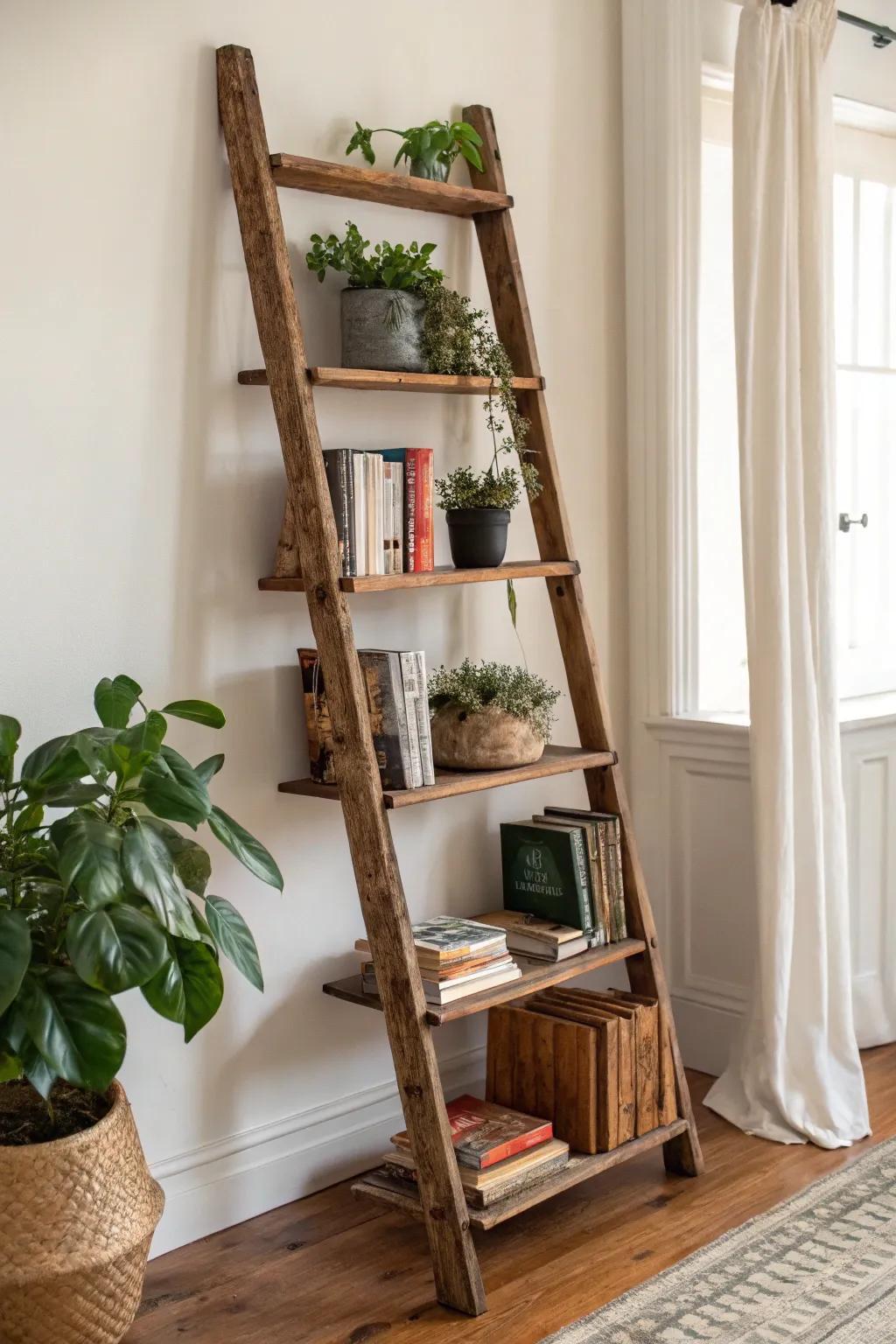 Holzleiter als Bücherregal