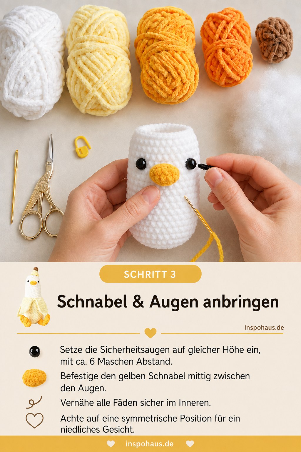 Sicherheitsaugen und gelber Schnabel werden symmetrisch am Kopf der Häkelente befestigt