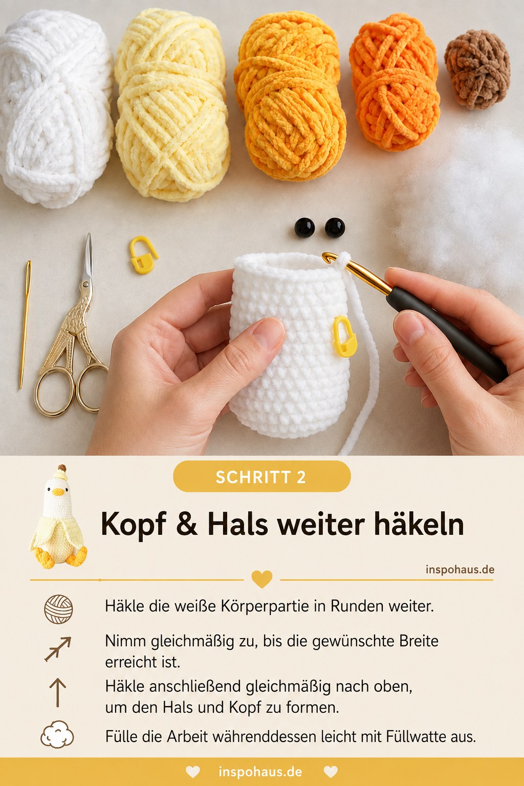 Kopf und Hals werden beim Ente Lovey in Runden weitergehäkelt und mit Watte gefüllt