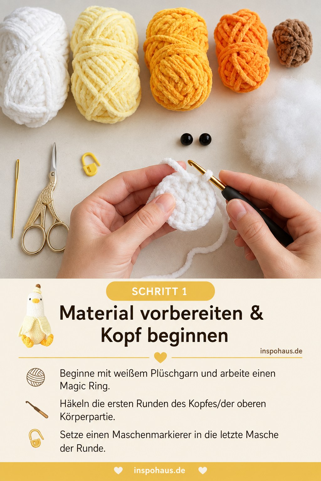 Hände beginnen den Magic Ring für den Kopf beim Ente Lovey häkeln mit weißem Plüschgarn