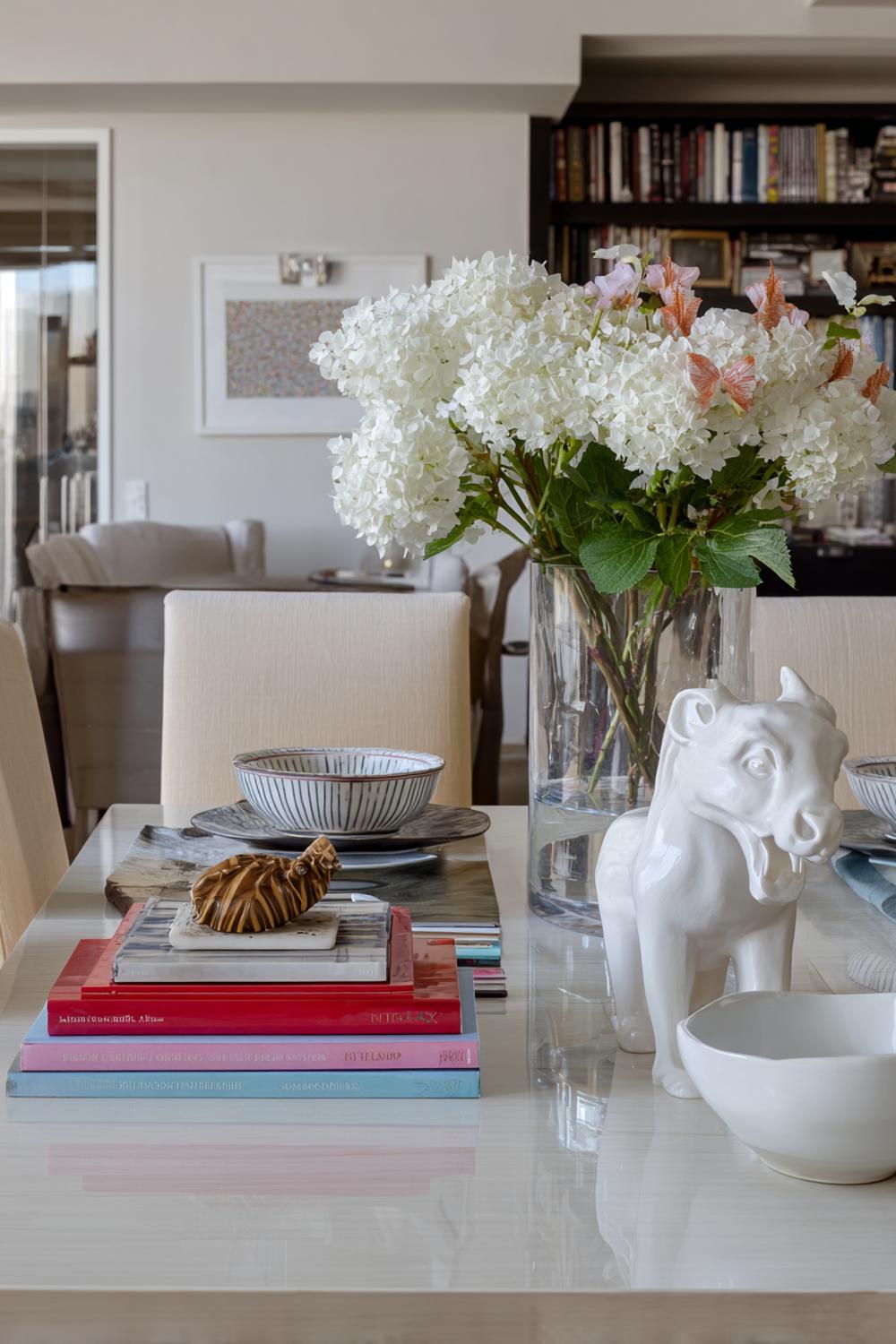 6. Esstisch Deko Alltag einfach mit Bücherstapel und kleiner Skulptur