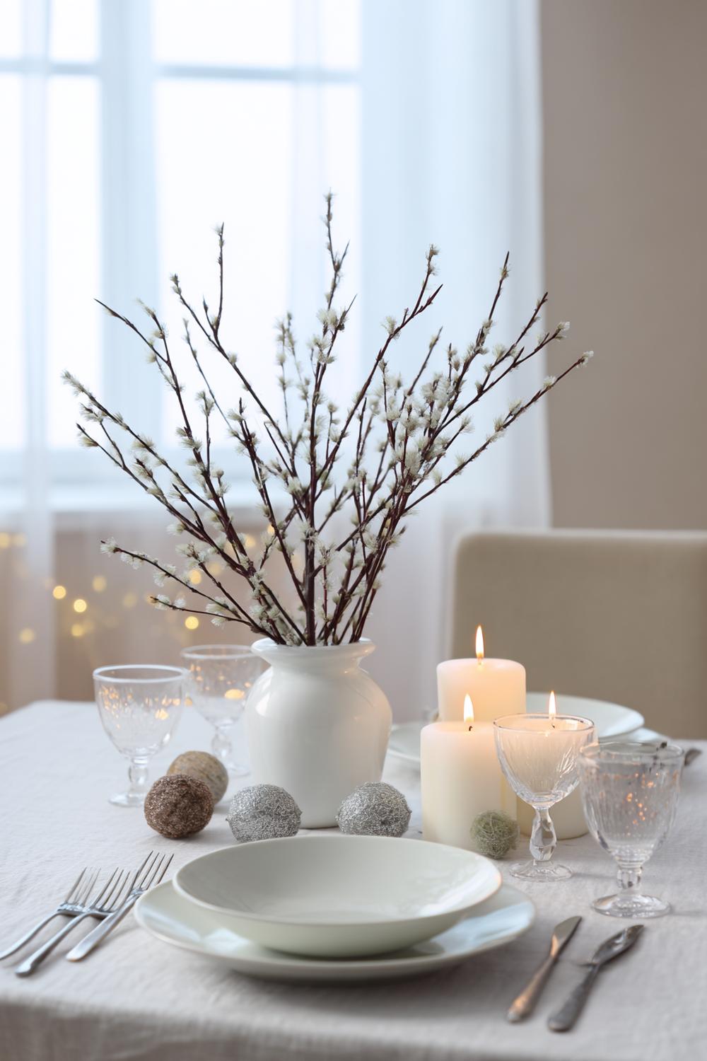 8. Esstisch Deko Alltag einfach mit saisonalem Zweig und kleinen Anhängern