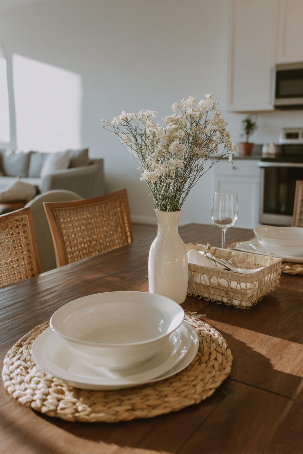 9. Esstisch Deko Alltag einfach mit Centerpiece-Schale und aufgeräumter Kabelbox