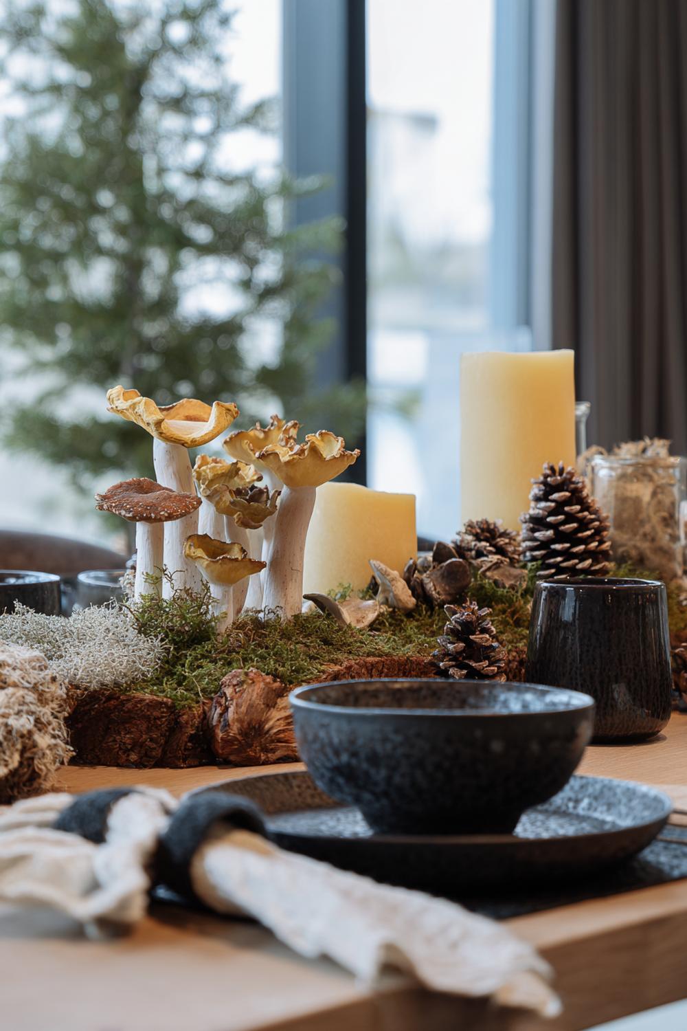 10. Esstisch Deko Pilz-Waldthema mit Moosband und dunkler Keramik