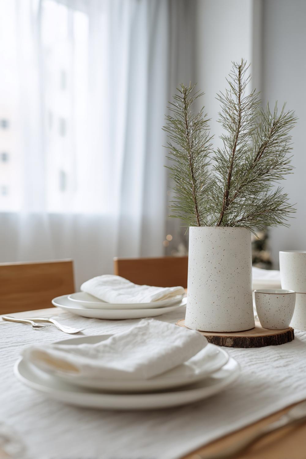 12. Esstisch Deko Winterminimalismus mit Tannenzweig und Weißton