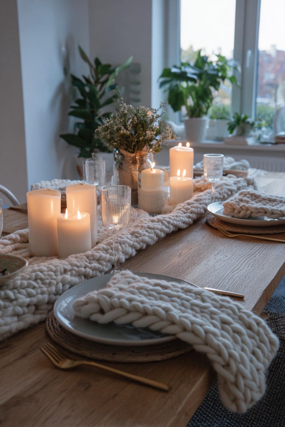 13. Esstisch Deko Hygge-Abend mit Strick-Texturen und warmem Kerzenmeer
