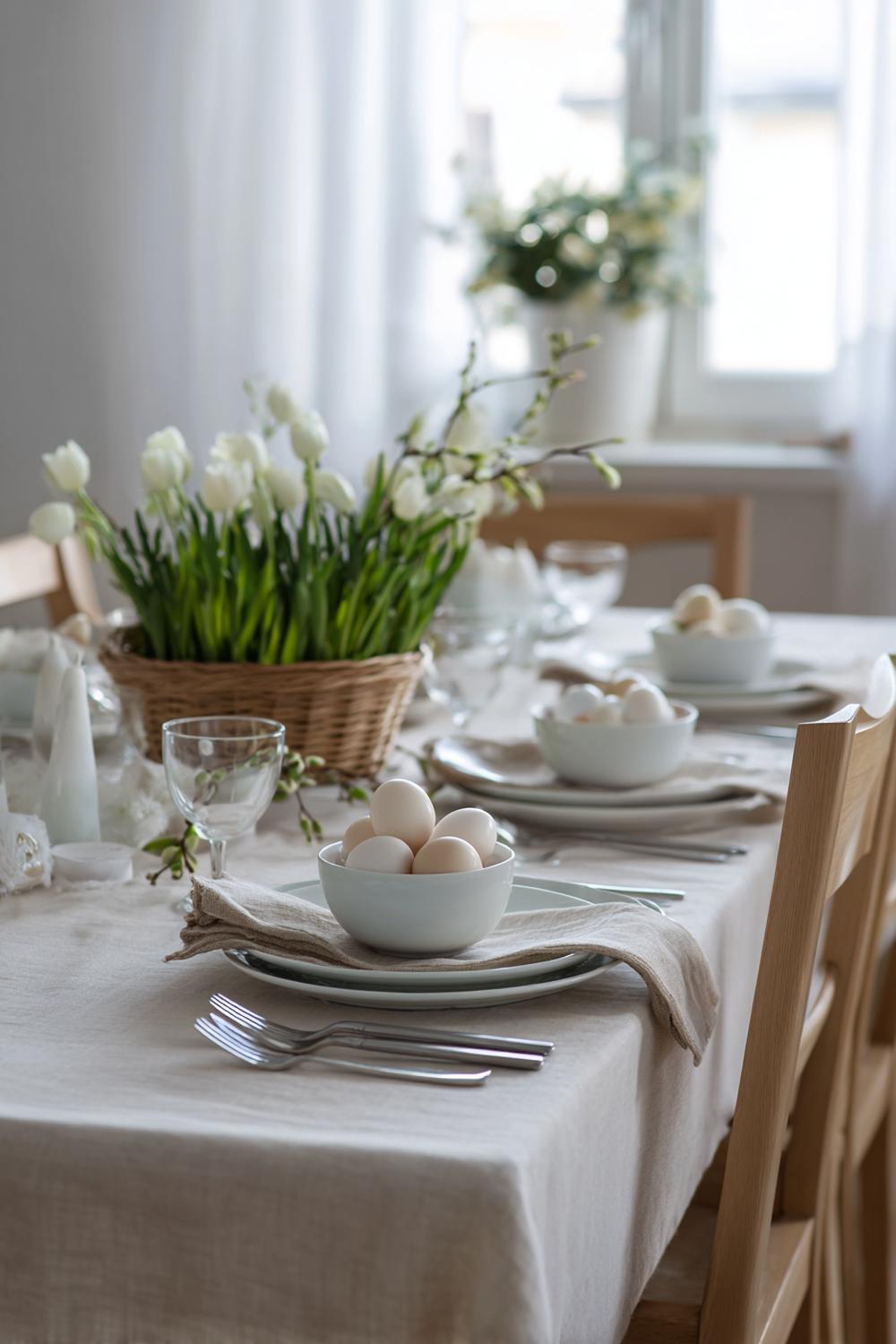 2. Esstisch Deko Osterzweig mit Eierschalen-Vasen und Leinenservietten