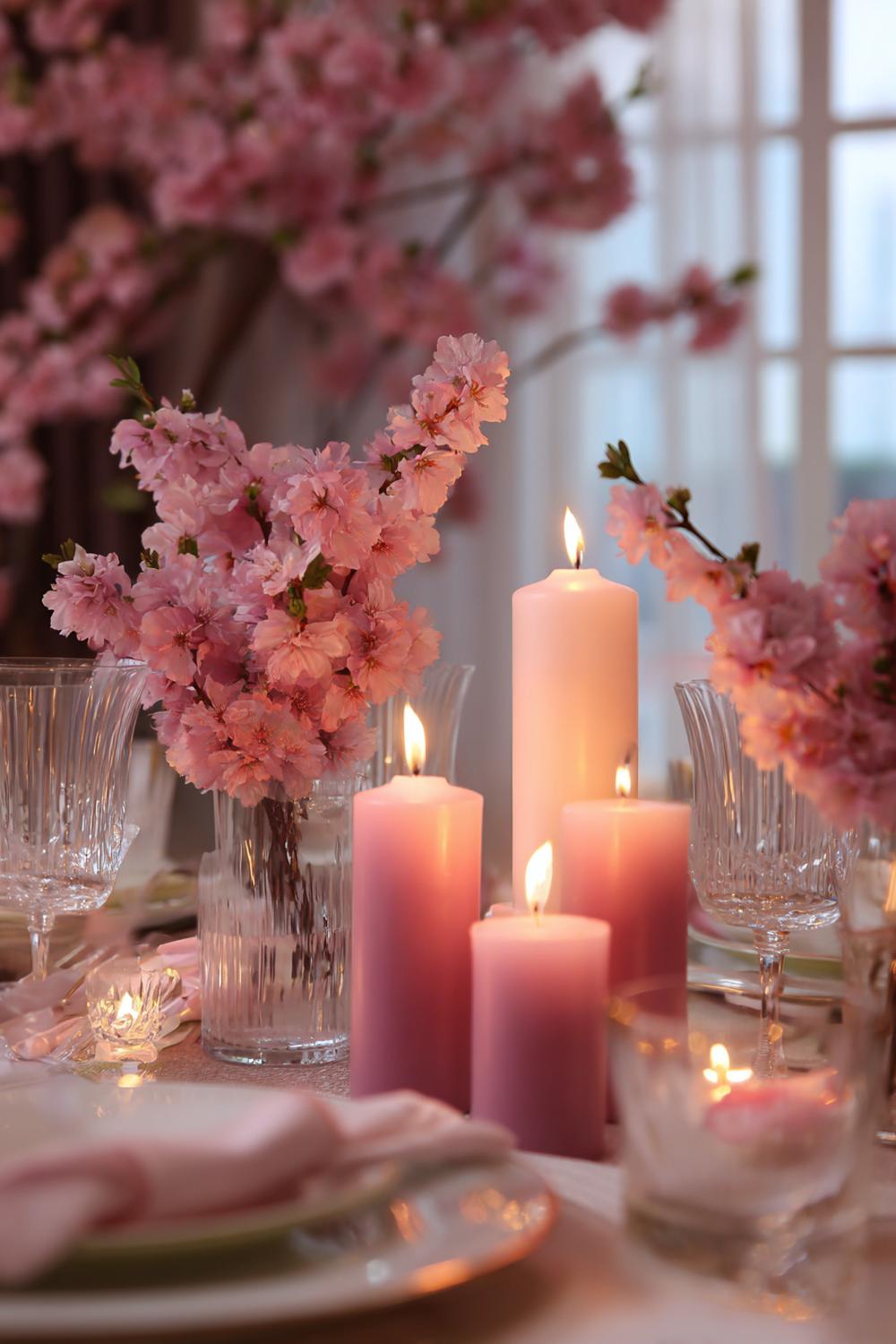 3. Esstisch Deko Kirschblüten-Look mit rosé Kerzen und hellem Holz