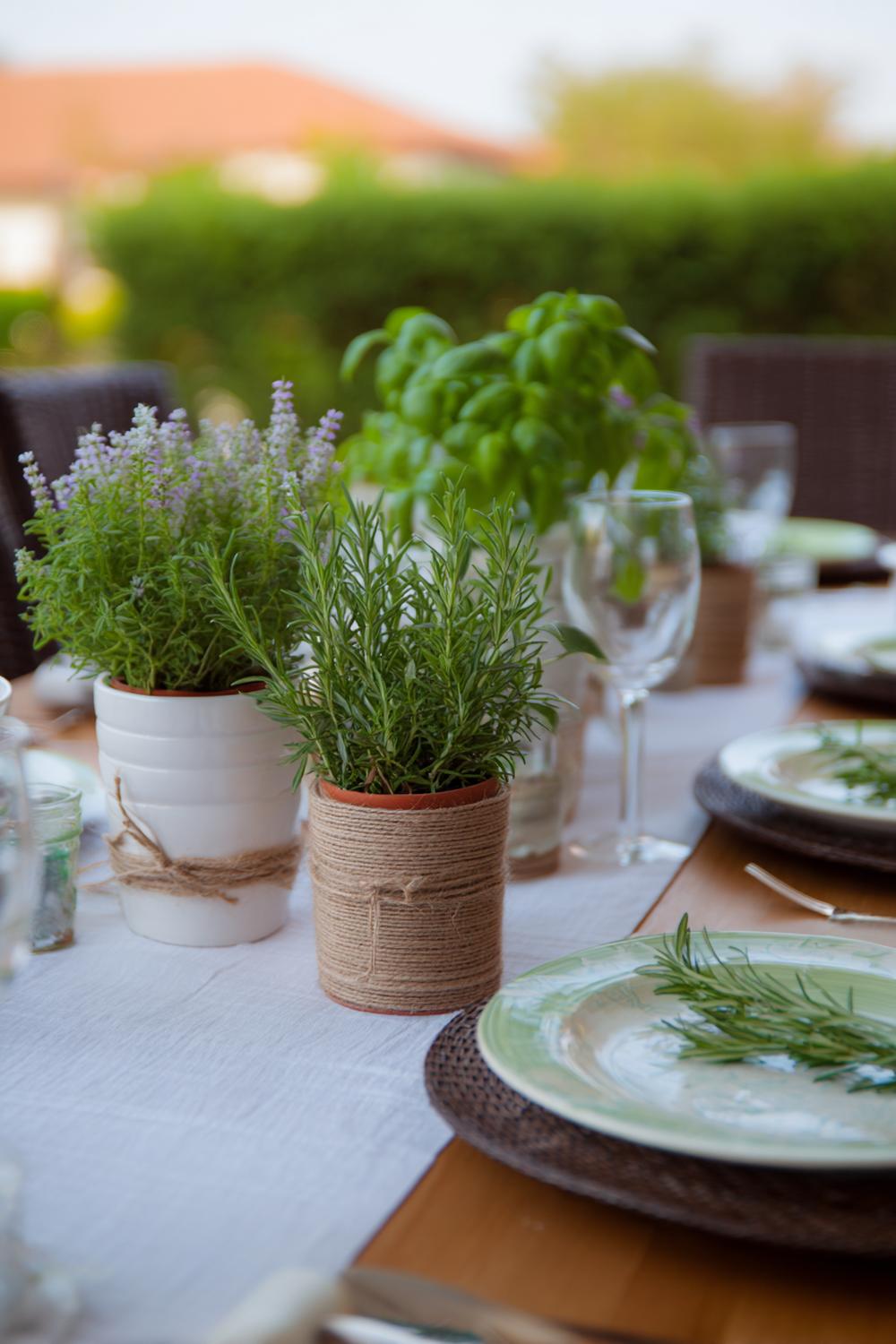 5. Esstisch Deko Gartenkräuter in Töpfen mit Naturkordel und Ton