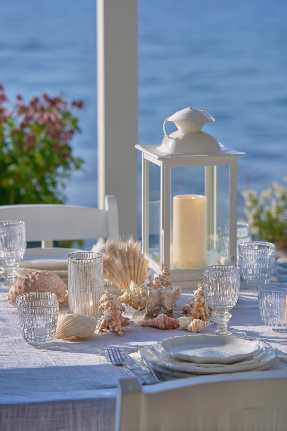 6. Esstisch Deko Sommerabend mit Laternenlicht und Muschel-Details