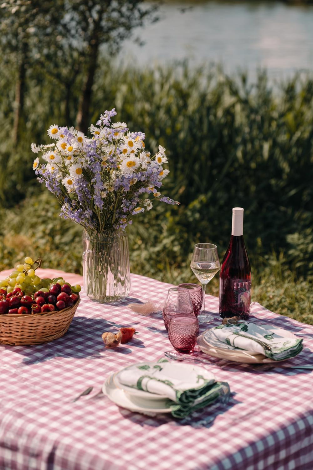 7. Esstisch Deko Picknick-Stil mit kariertem Tuch und Emaille-Charme