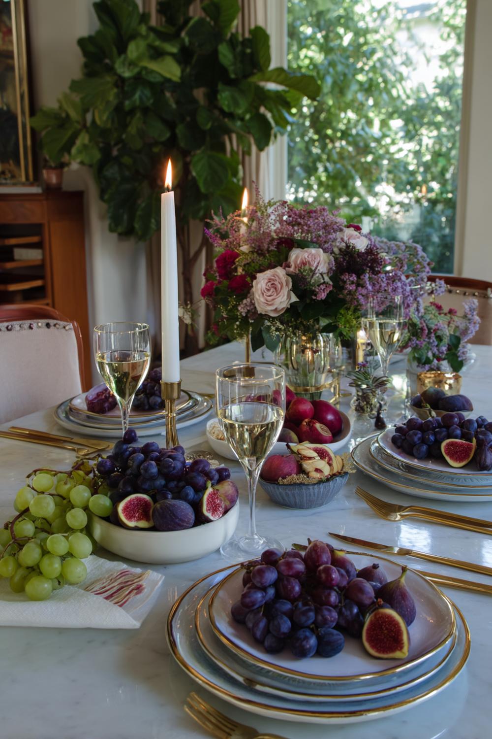 8. Esstisch Deko Spätsommer-Ernte mit Feigen, Trauben und Messing