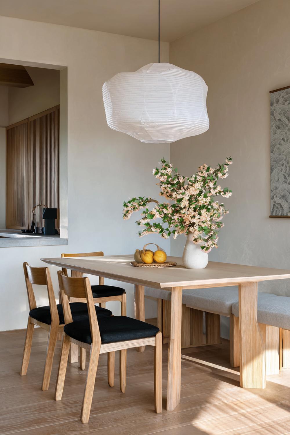 2. Esszimmer Deko Ideen Modern: Japandi-Essplatz mit Papierleuchte und Naturtönen