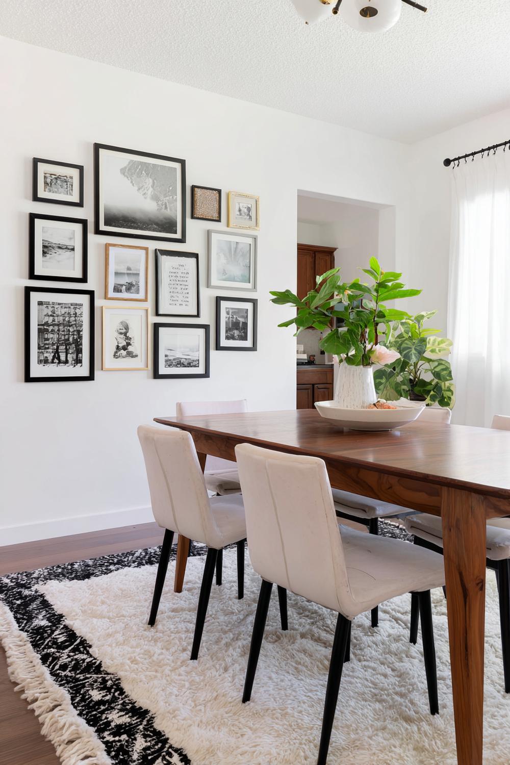 5. Esszimmer Deko Ideen Modern: Galeriewand hinter dem Esstisch mit Schwarzrahmen und Weißraum