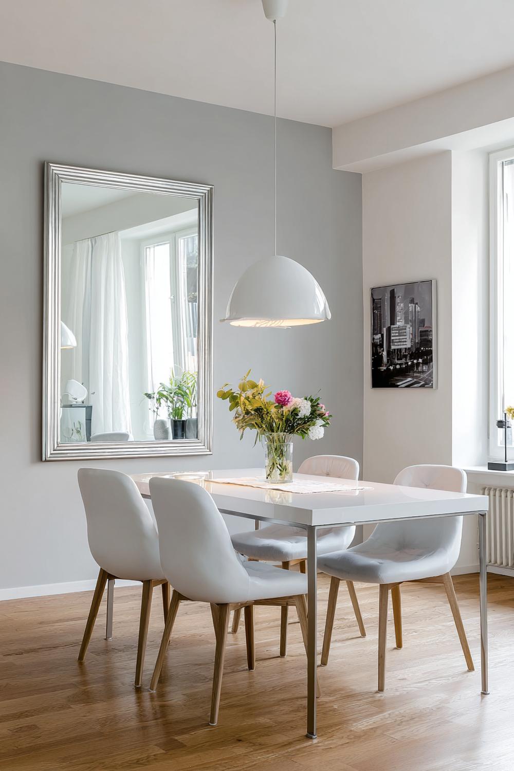 9. Esszimmer Deko Ideen Modern: Kleines Esszimmer mit Spiegel, schlankem Tisch und heller Palette