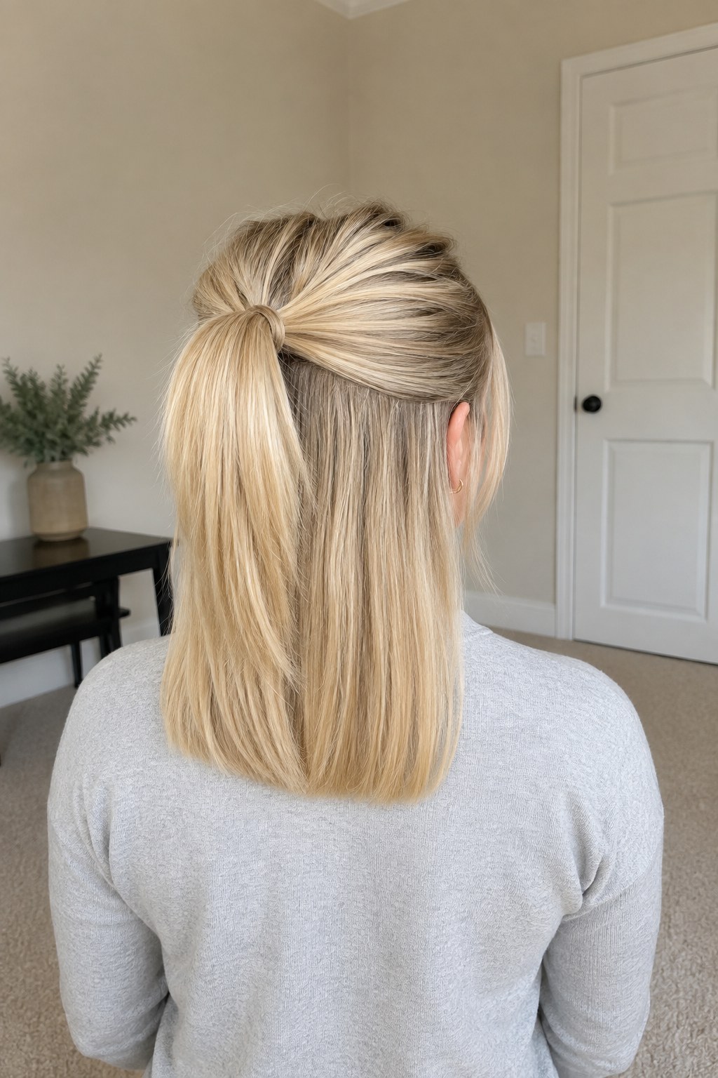 Halber Dutt auf schulterlangem Haar von hinten zeigt eine schnelle Variante der Frisuren kurze Haare.