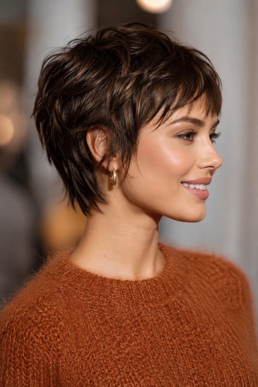 Zerzauster Shag-Pixie mit langem Pony beweist, dass Frisuren kurze Haare viel Bewegung haben können.
