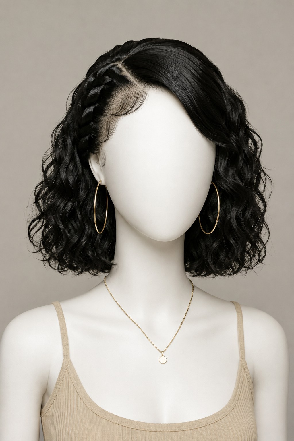 Lockiger Bob mit geflochtenem Zopfkranz auf einem Kopfmodell zeigt Frisuren kurze Haare zum Testen.
