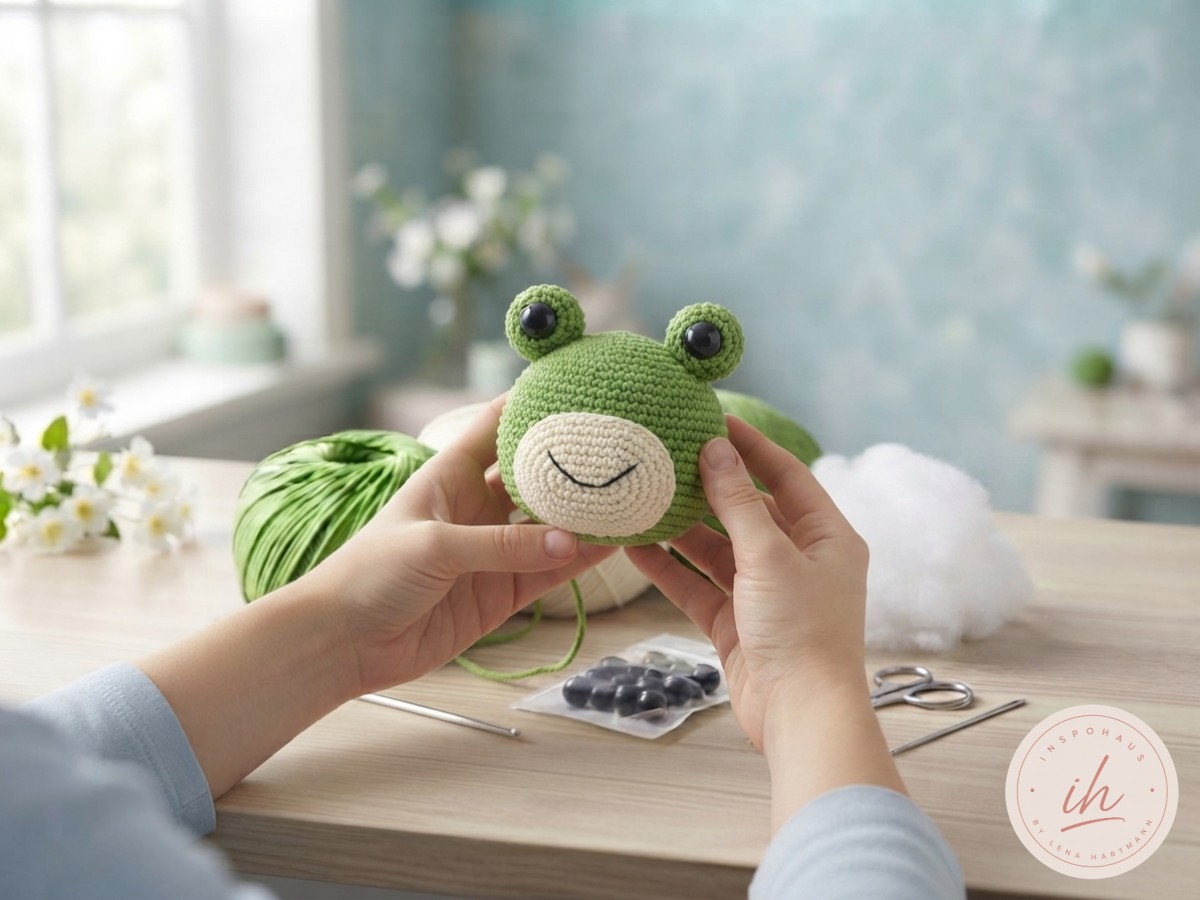 Fertiger Frosch-Kopf mit Wackelaugen, gesticktem Lächeln und cremeweißem Schnauzenfleck