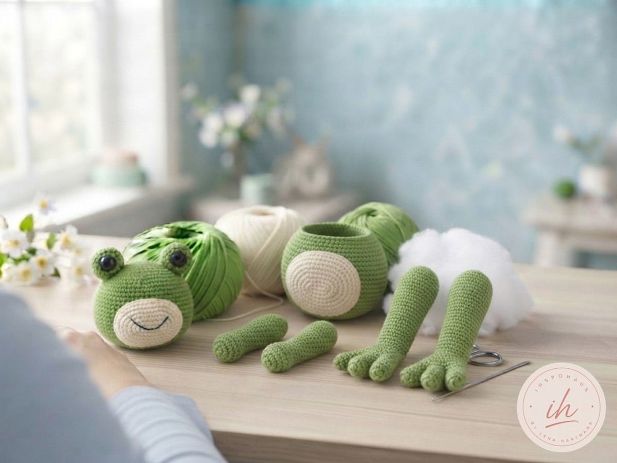 Vier fertig gehäkelte Gliedmaßen liegen bereit neben Kopf und Körper des Amigurumi-Froschs