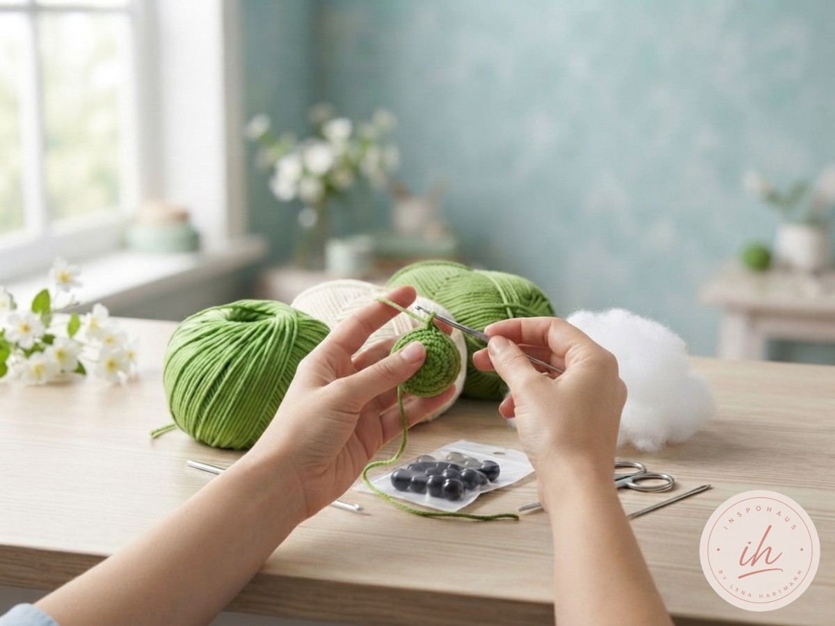 Hände häkeln den Magic Ring für den Kopf beim Frosch Amigurumi häkeln sitzend Projekt