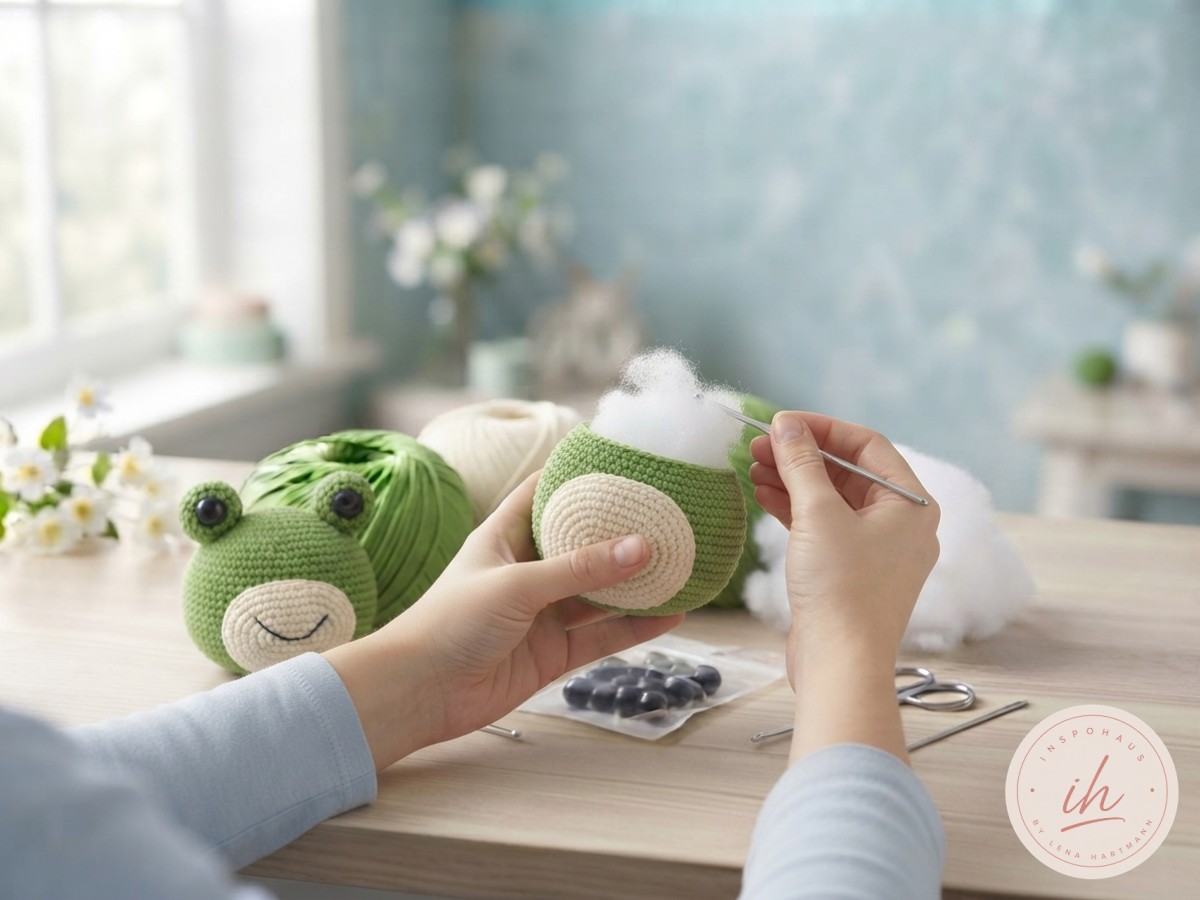 Cremeweißer Körper wird gehäkelt und direkt mit Füllwatte für den sitzenden Amigurumi-Frosch gestopft