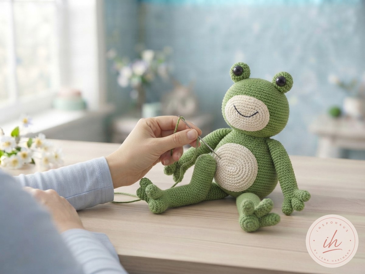 Ein Bein wird mit der Wollnadel angenäht, der Frosch sitzt beim Zusammennähen noch leicht schief