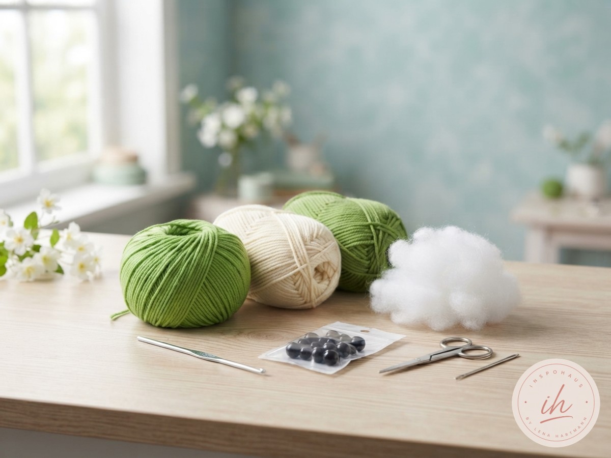 Wolle, Häkelnadel und Sicherheitsaugen bereit für den ersten sitzenden Frosch-Amigurumi häkeln Versuch