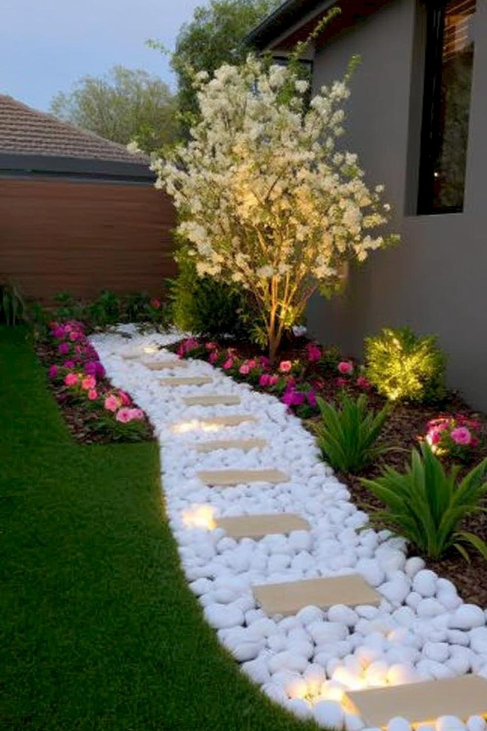 Beleuchteter Steinpfad mit Blütenpracht