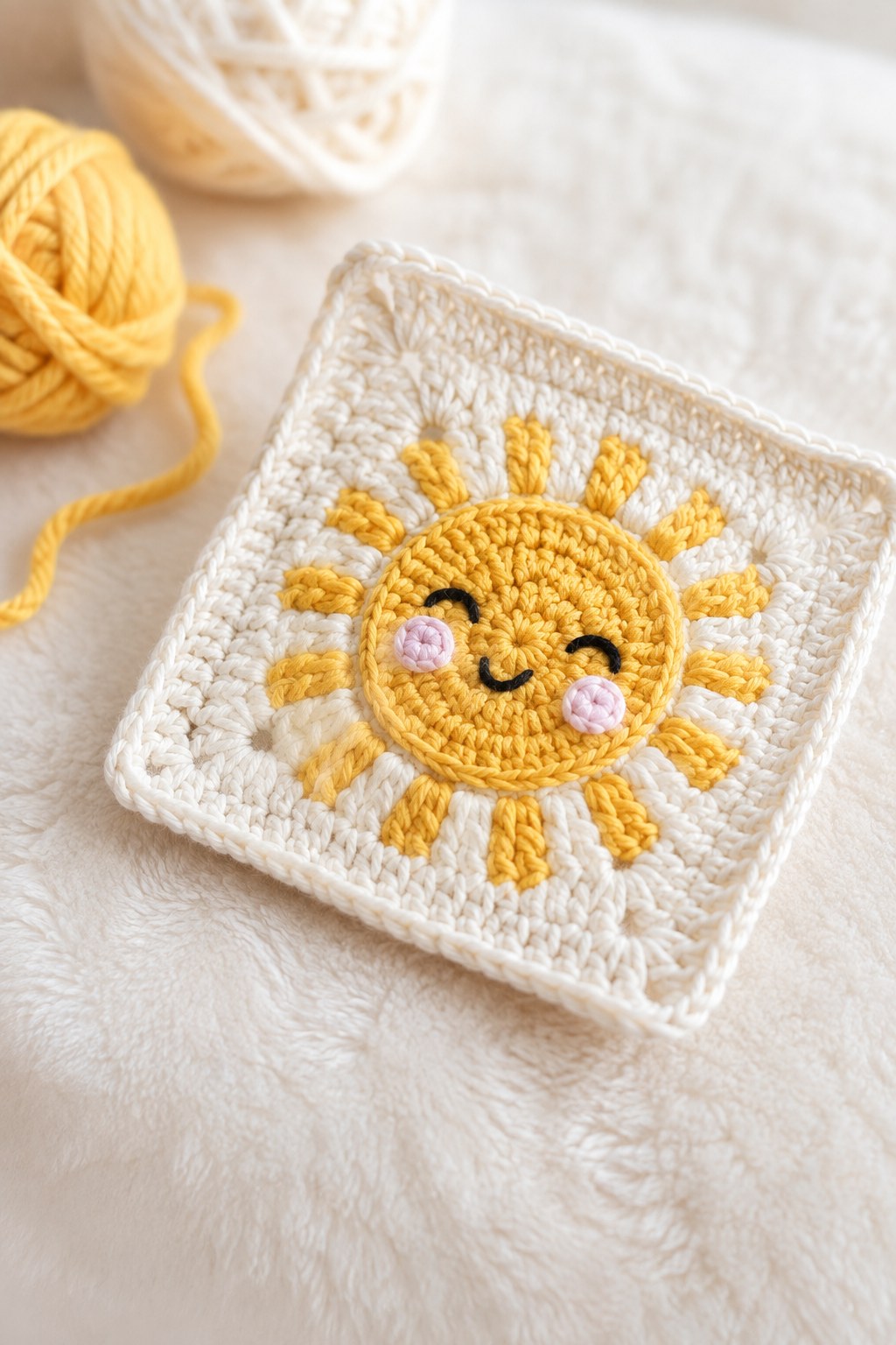 Kawaii-Sonnen-Granny Square mit gestickten Wangen und Lächeln