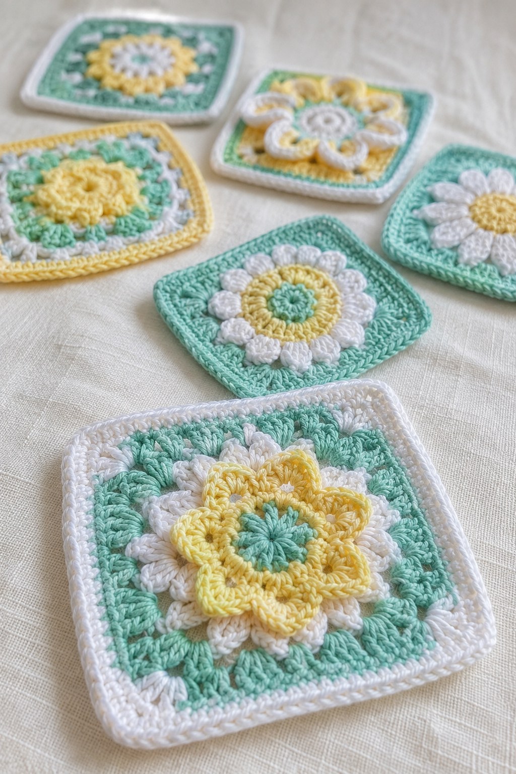Sechs verschiedene Granny Square Muster als Sampler in Grün-Gelb-Palette