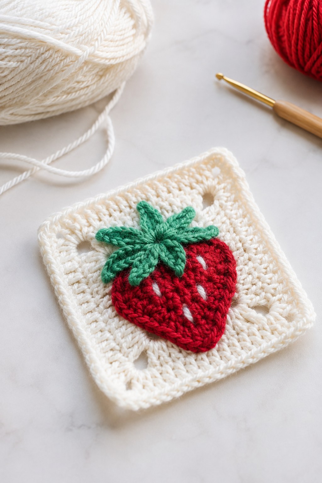Weißes Granny Square mit eingehäkeltem Erdbeer-Motiv in Rot und Grün