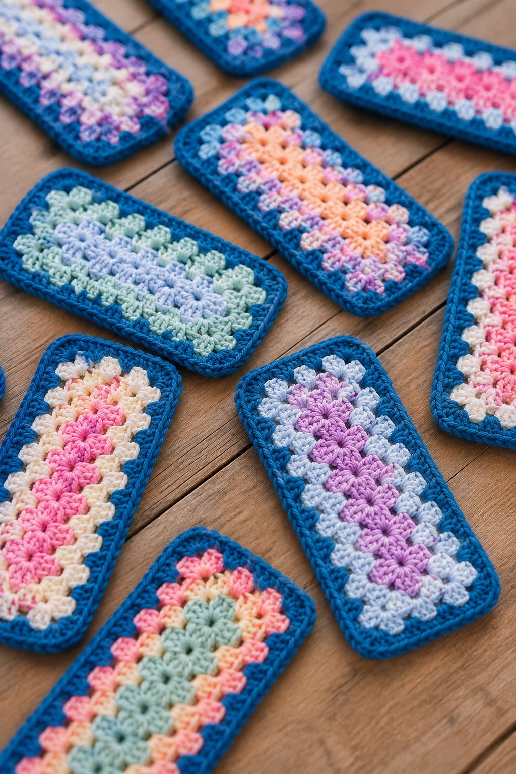 Mehrere rechteckige Granny-Streifen-Muster in Pastellfarben mit blauem Rand
