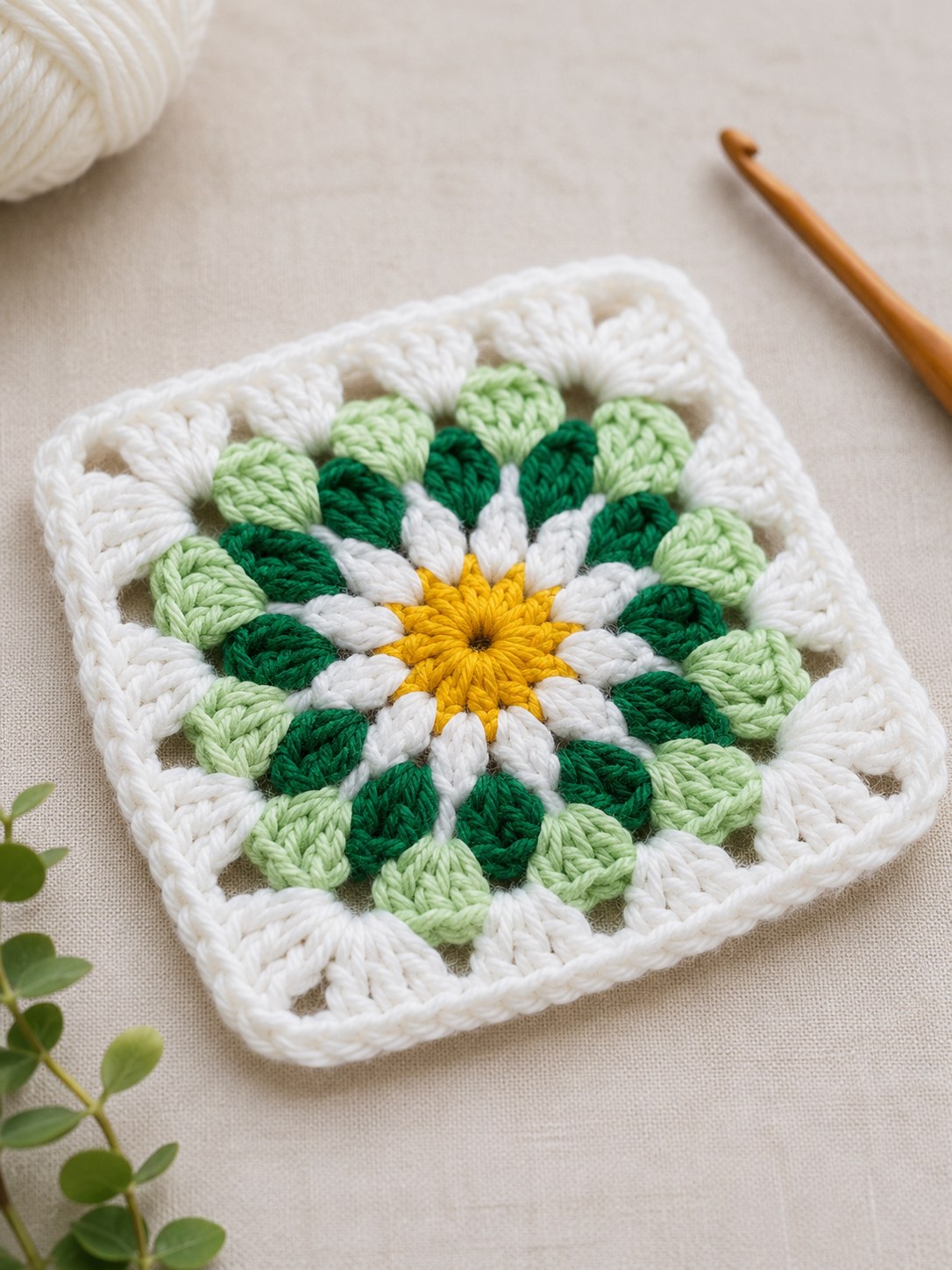 Granny Square Muster mit gelber Blütenmitte und grünen Blütenblatt-Runden