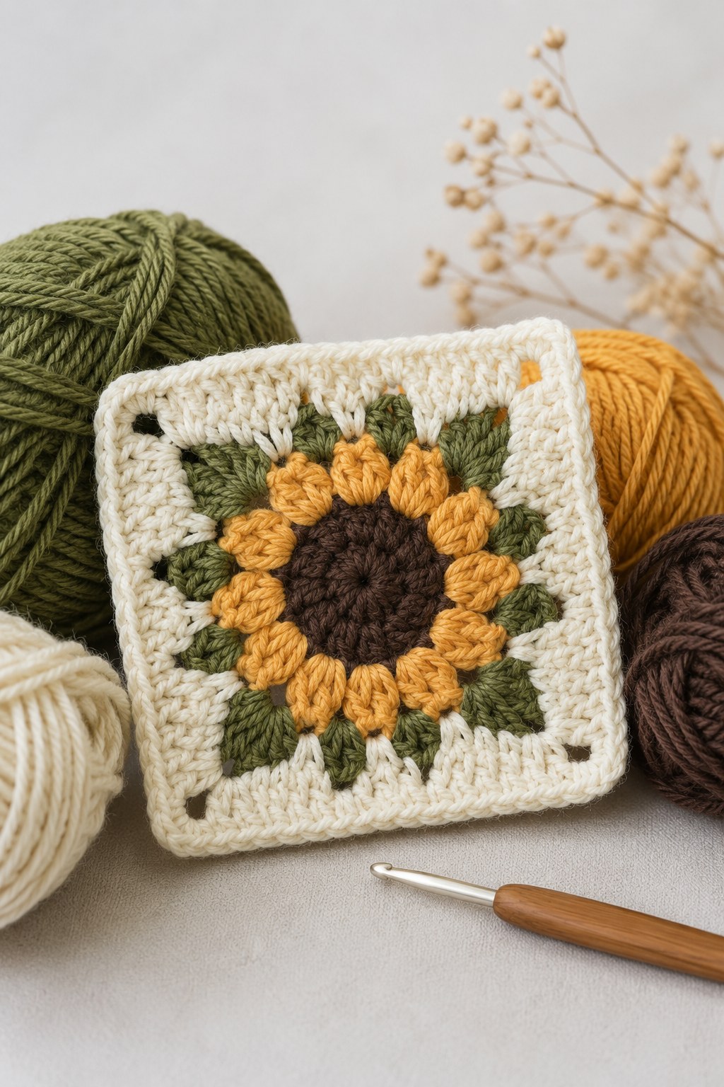 Sonnenblumen-Granny Square in Braun, Gelb und Grün neben Wollknäueln