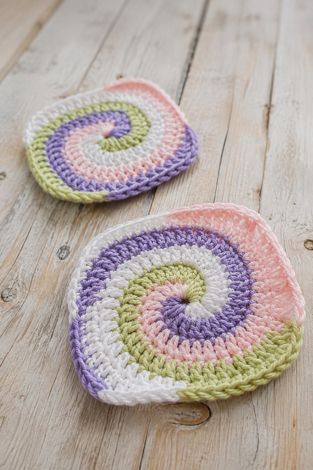 Zwei Granny Square Varianten in Pastelltönen mit spiralförmigem Farbverlauf