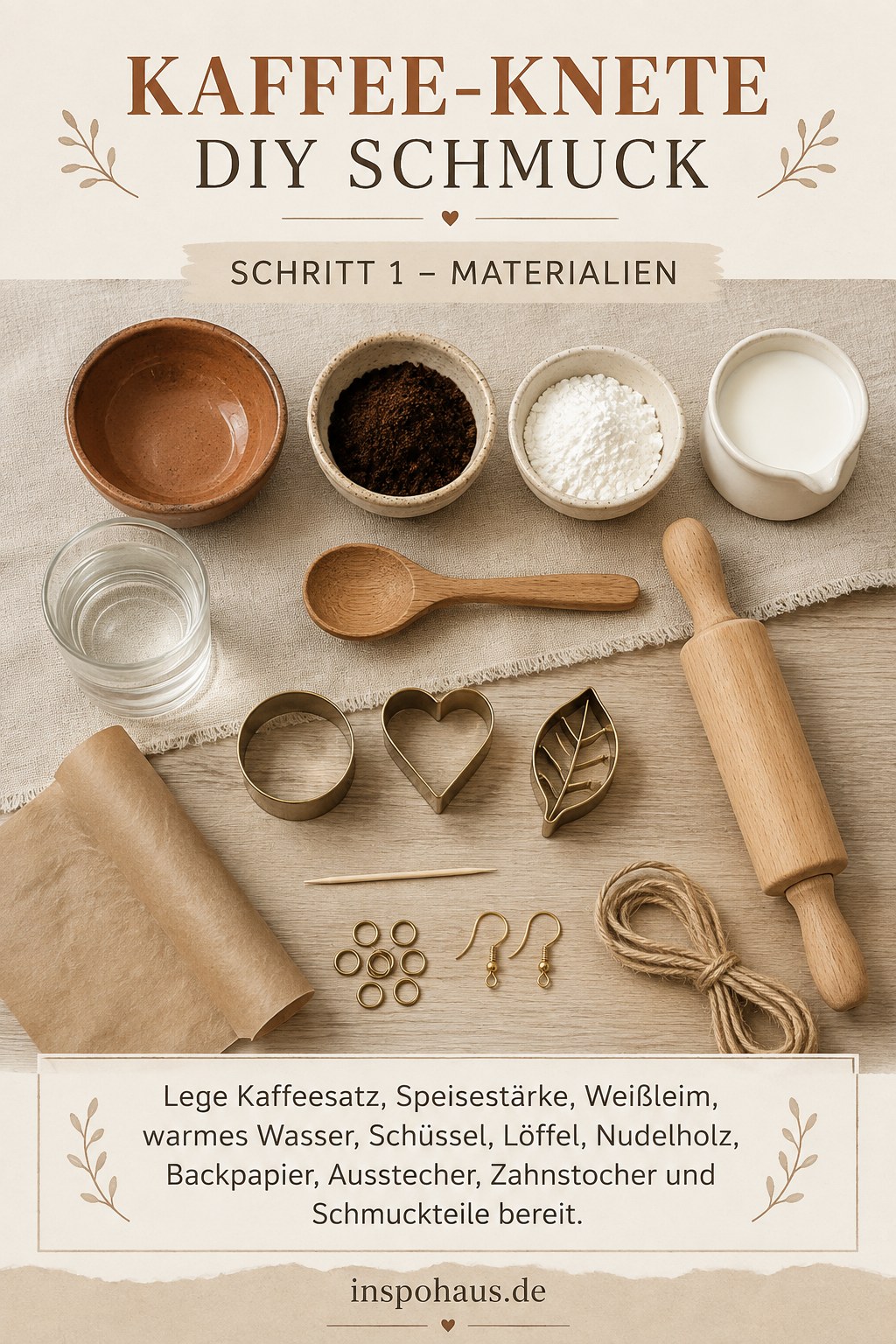 Zutaten für Kaffee-Knete DIY Schmuck übersichtlich angerichtet mit Kaffeesatz, Speisestärke und Weißleim
