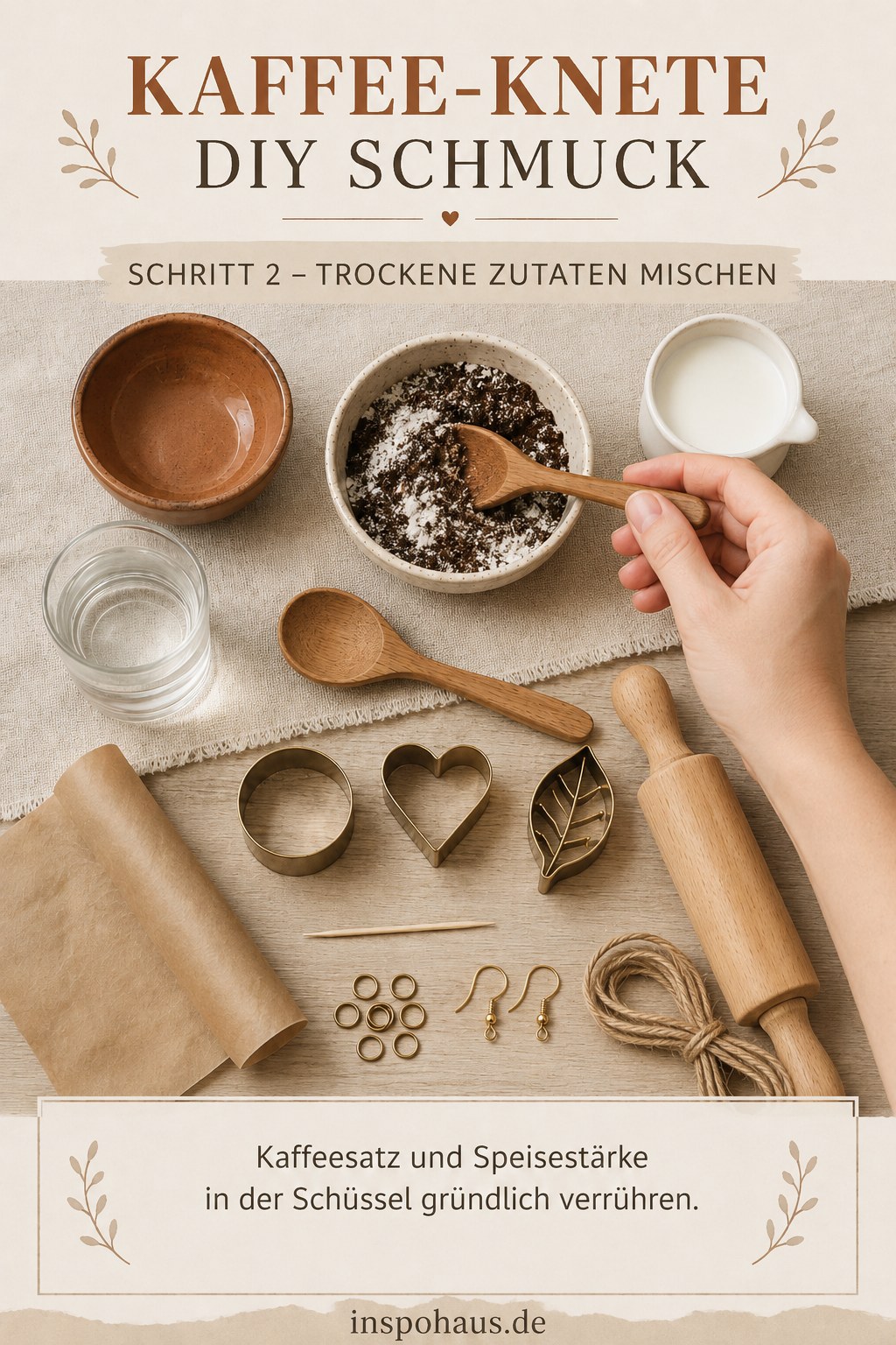 Kaffeesatz und Speisestärke werden für die Kaffee-Knete DIY Schmuck Masse gründlich in der Schüssel verrührt