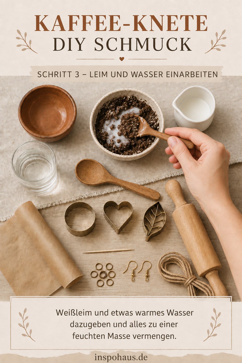 Weißleim und warmes Wasser werden der Kaffee-Knete DIY Schmuck Masse beigemischt, bis sie feucht wird
