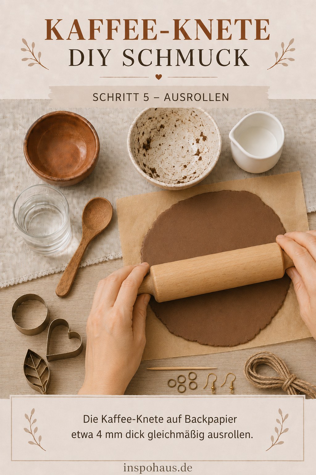 Die Kaffee-Knete für den DIY Schmuck wird auf Backpapier etwa vier Millimeter dick ausgerollt