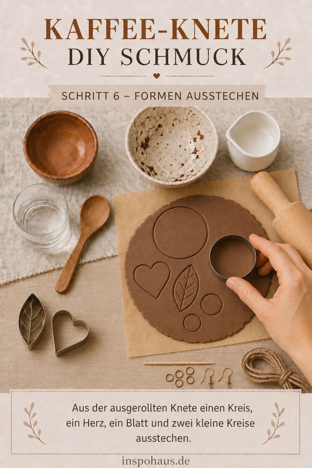 Mit Ausstechformen werden Kreis, Herz und Blatt aus der Kaffee-Knete für den DIY Schmuck ausgestochen