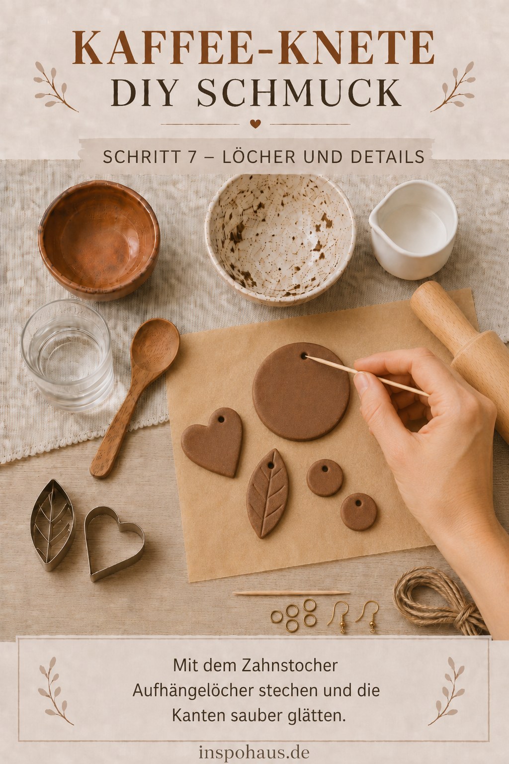 Mit einem Zahnstocher werden Aufhängelöcher in die Kaffee-Knete DIY Schmuck Anhänger gestochen