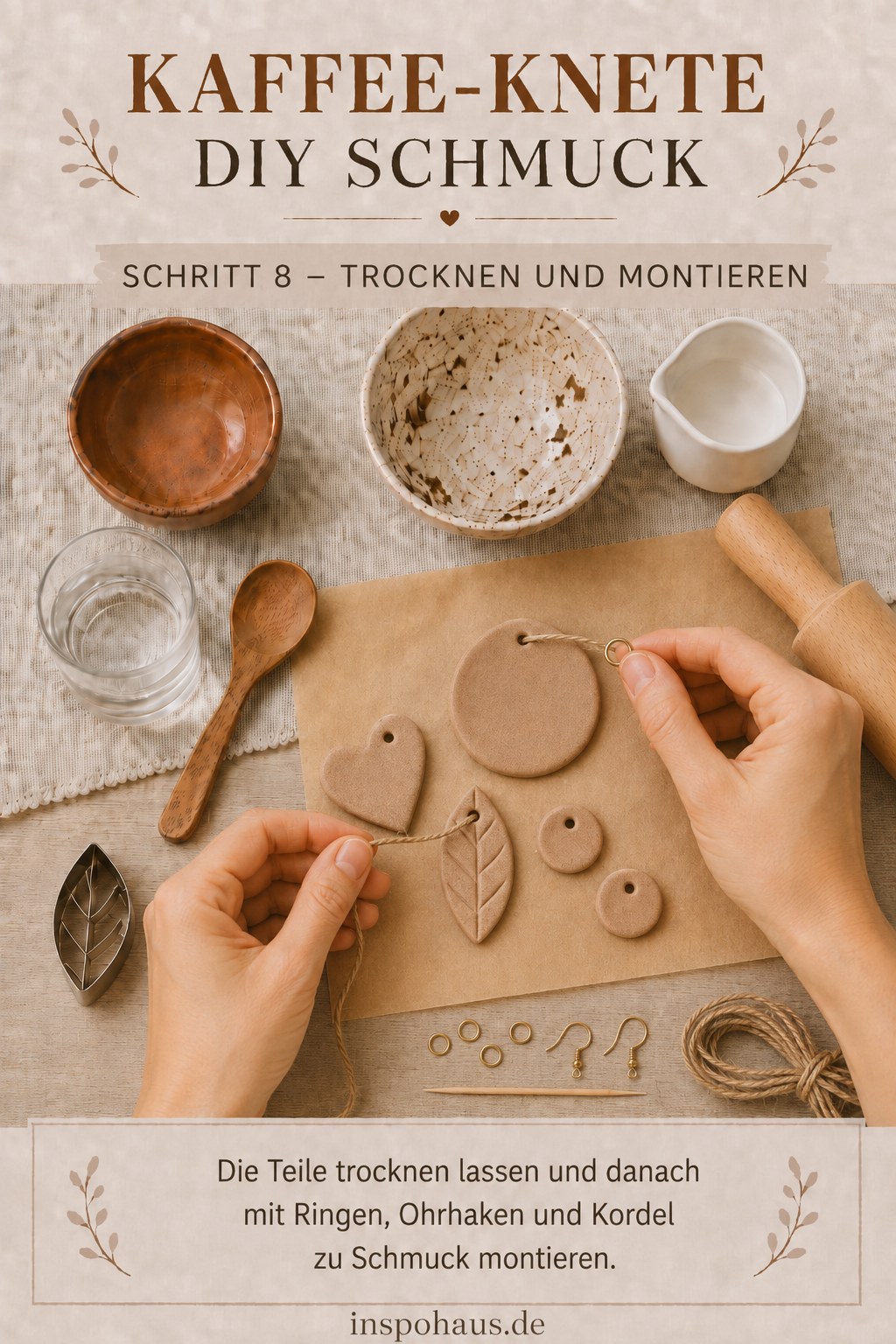 Die getrockneten Kaffee-Knete DIY Schmuck Teile werden mit Ringen und Kordel zu Schmuck montiert