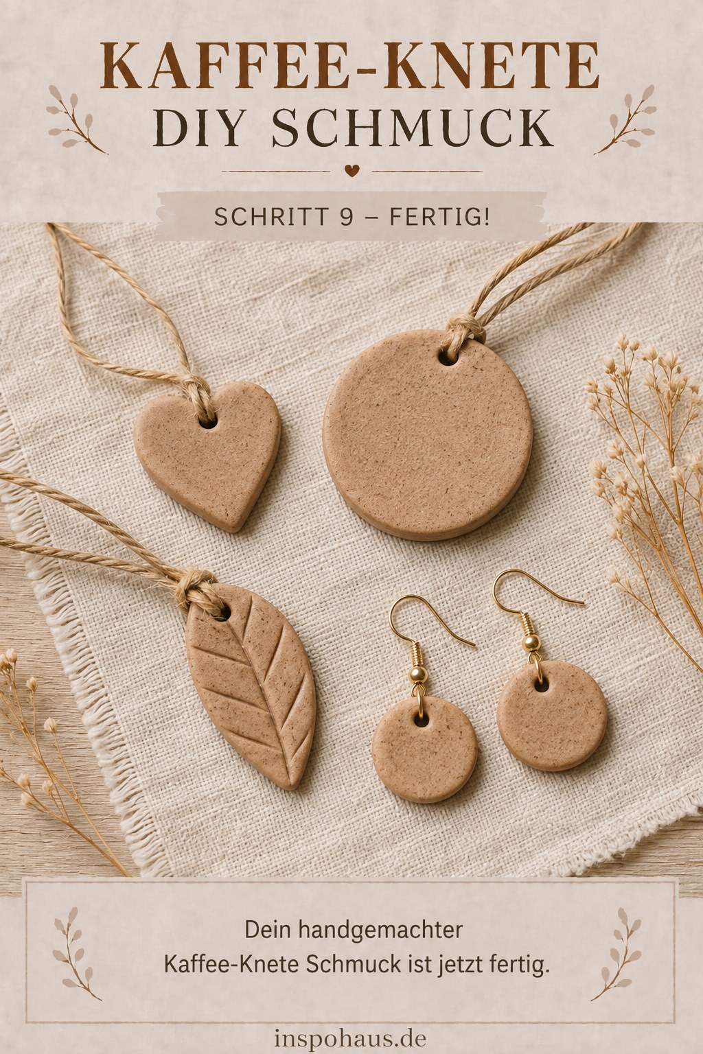 Fertiger Kaffee-Knete DIY Schmuck: Herz-Anhänger, Blatt, runder Anhänger und passende Ohrringe