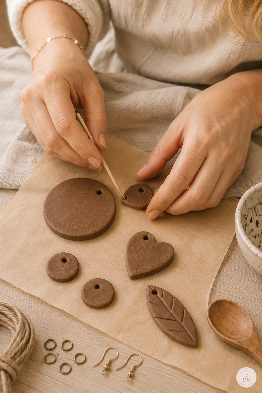 Aufhängelöcher werden mit einem Zahnstocher in Herz und Blatt aus Kaffee-Knete DIY Schmuck gestochen
