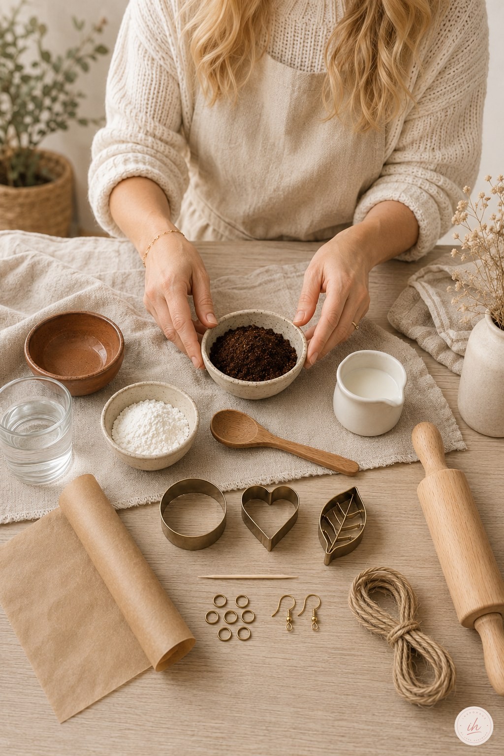 Frau hält Schüssel mit Kaffeesatz für Kaffee-Knete DIY Schmuck vor Materialien auf dem Küchentisch