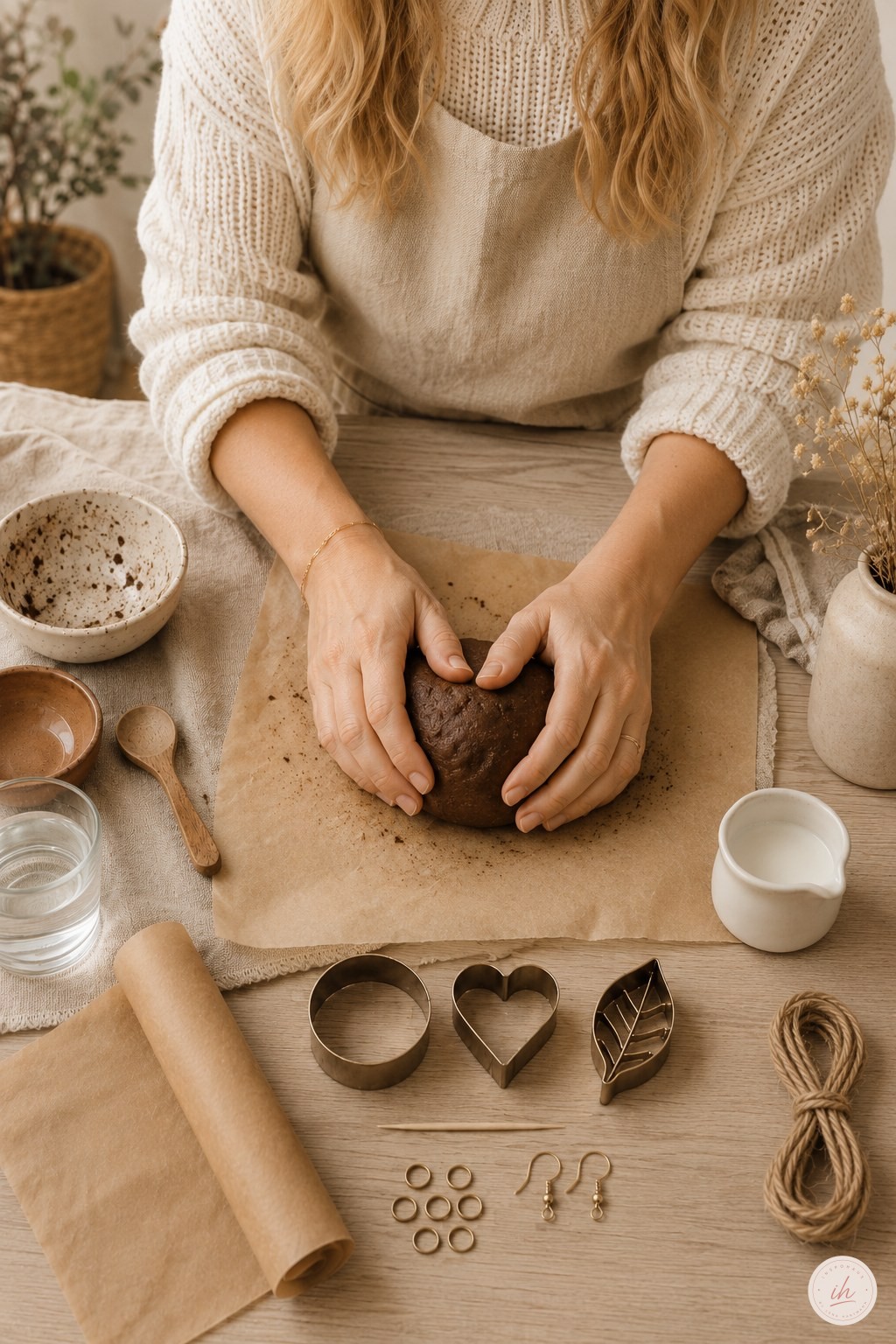 Hände formen eine glatte Kugel aus Kaffee-Knete DIY Schmuck Masse auf Backpapier am Küchentisch