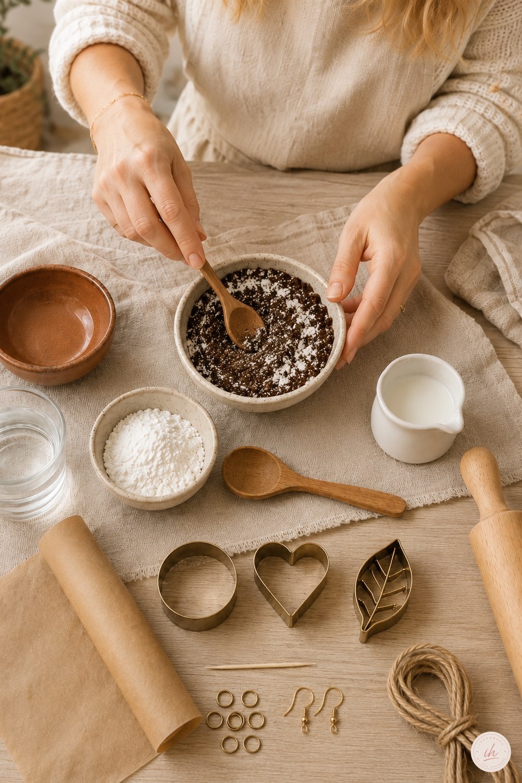 Kaffeesatz und Speisestärke werden in echter Küchensituation für Kaffee-Knete DIY Schmuck verrührt