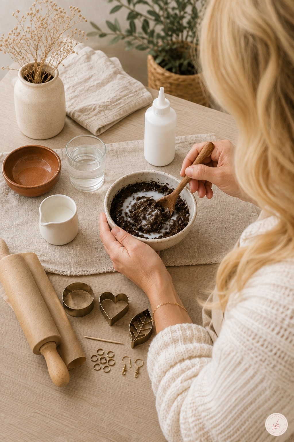 Kleberflasche und Wasser stehen bereit während der Herstellung von Kaffee-Knete DIY Schmuck in der Küche